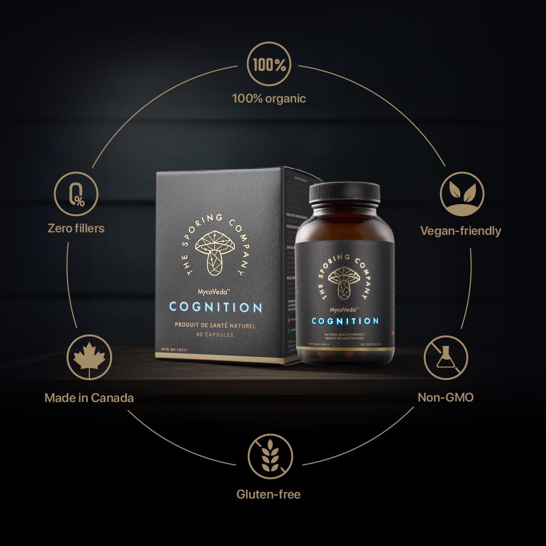 The Sporing Company Mycoveda Cognition packaging display for gift-ready wellness.