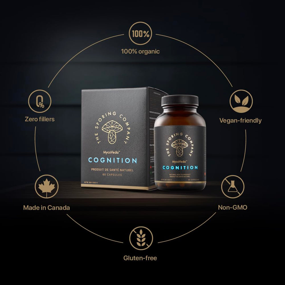 The Sporing Company Mycoveda Cognition packaging display for gift-ready wellness.