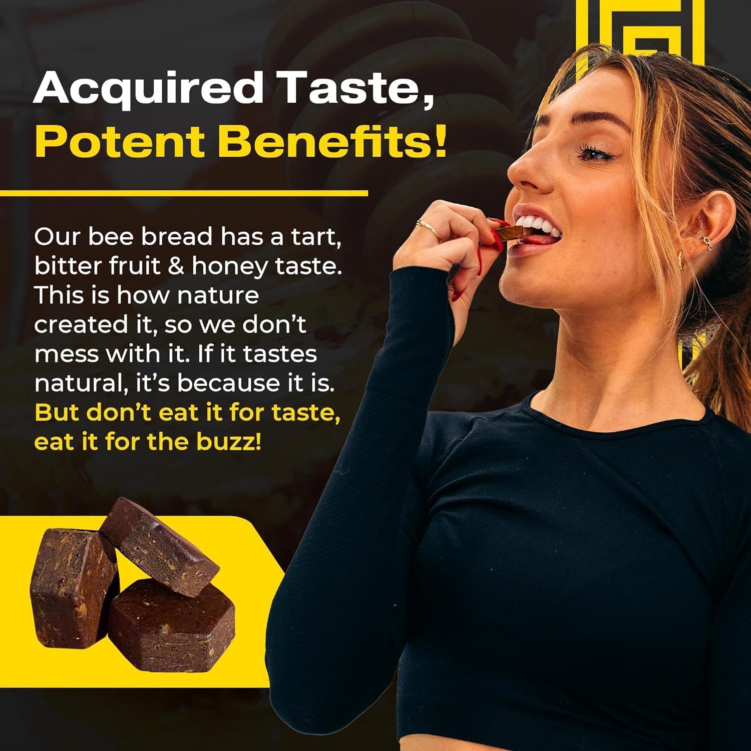 Closeup of Spartan Bee Bread Chewables ingredients showcases bee bread and royal jelly for vitality.