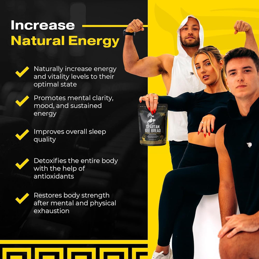 The Stampede Network Spartan Bee Bread Chewables jar with label emphasizes natural, non-GMO nutrition for immunity.