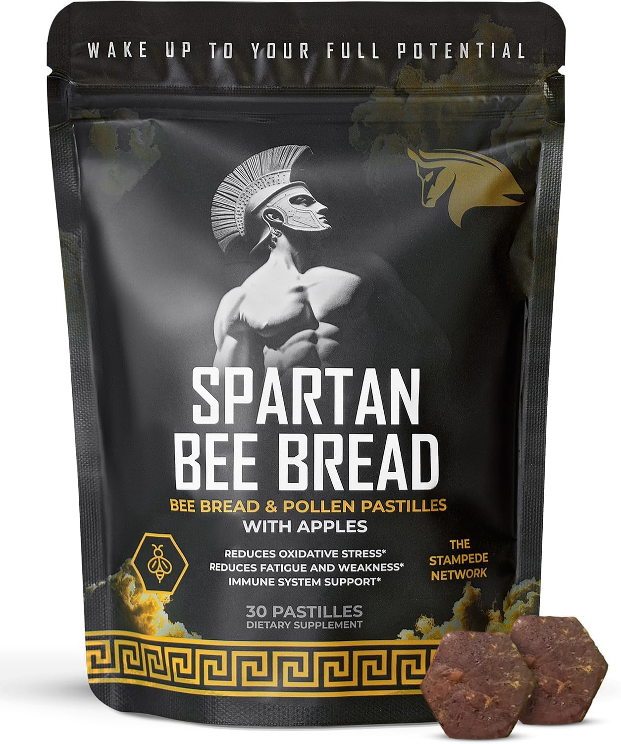 The Stampede Network Spartan Bee Bread Chewables packaging highlights a clean label for daily energy.