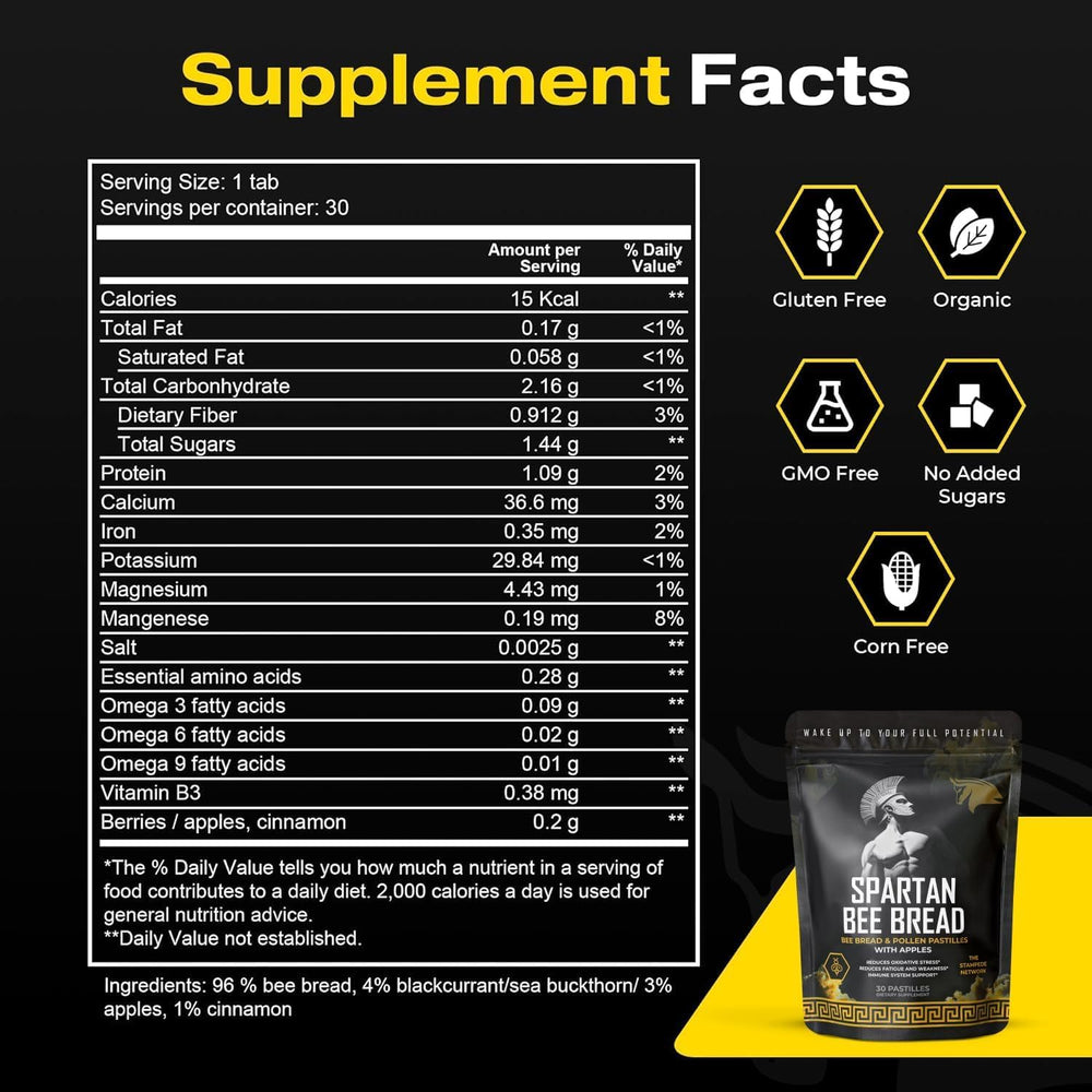 Open texture of chewables reveals fermented bee bread for easier digestion and absorption.