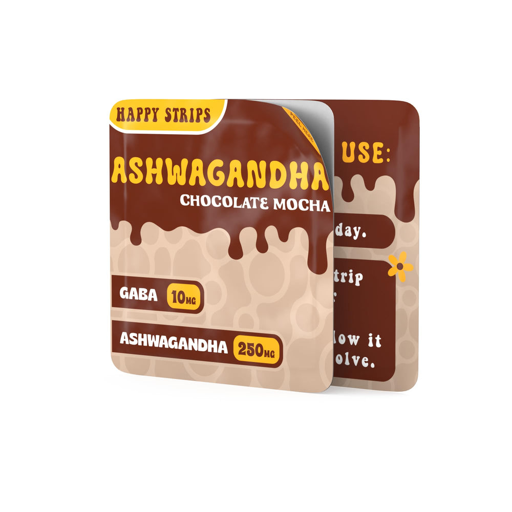 The Supplement Co Happy Strips ashwagandha-ksm66 label emphasizes premium organic extract.
