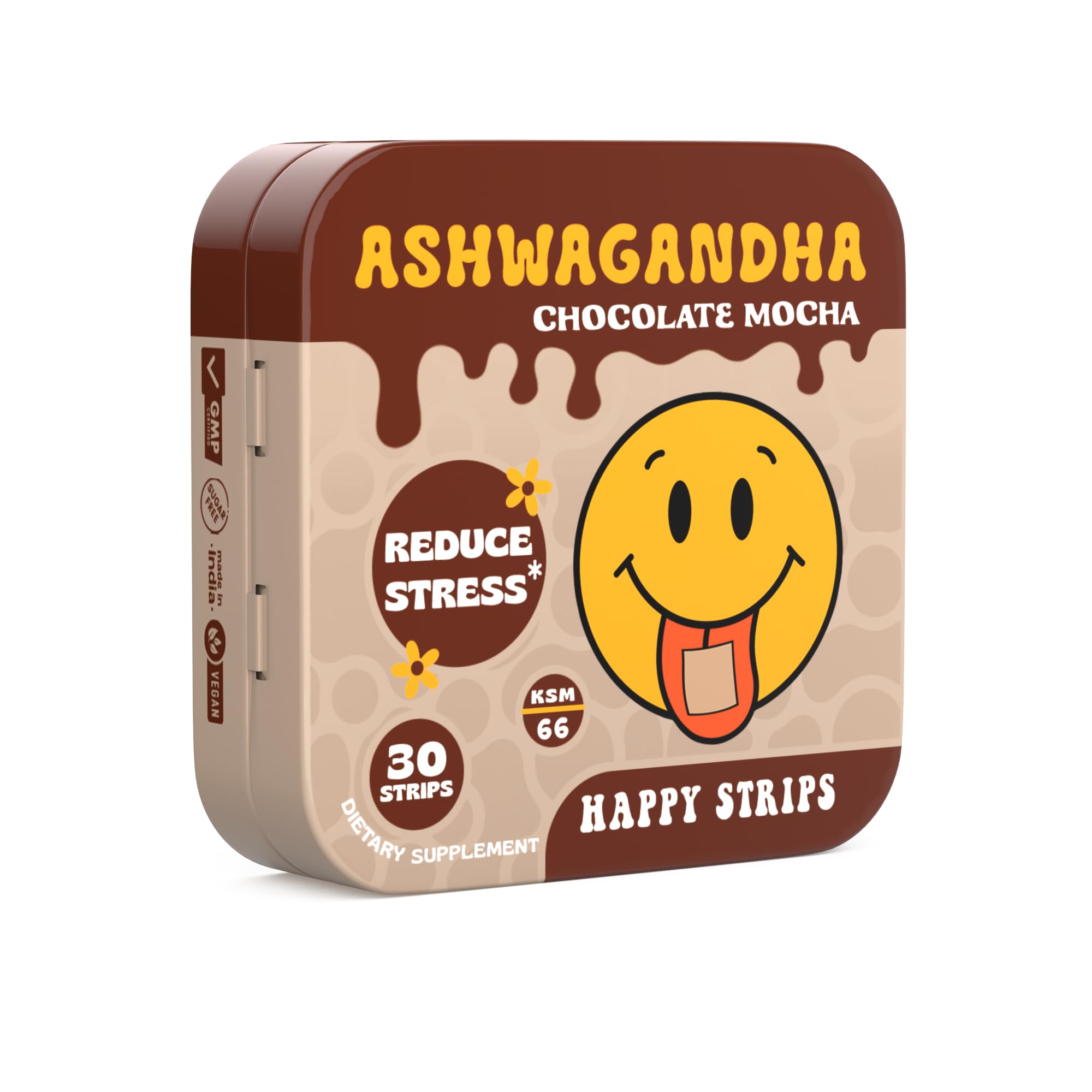 The Supplement Co Happy Strips chocolate mocha strip dissolves quickly for fast stress relief.
