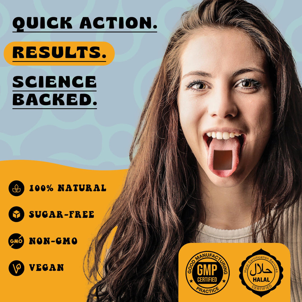 The Supplement Co Happy Strips vegan badge signals plant-based ingredients.
