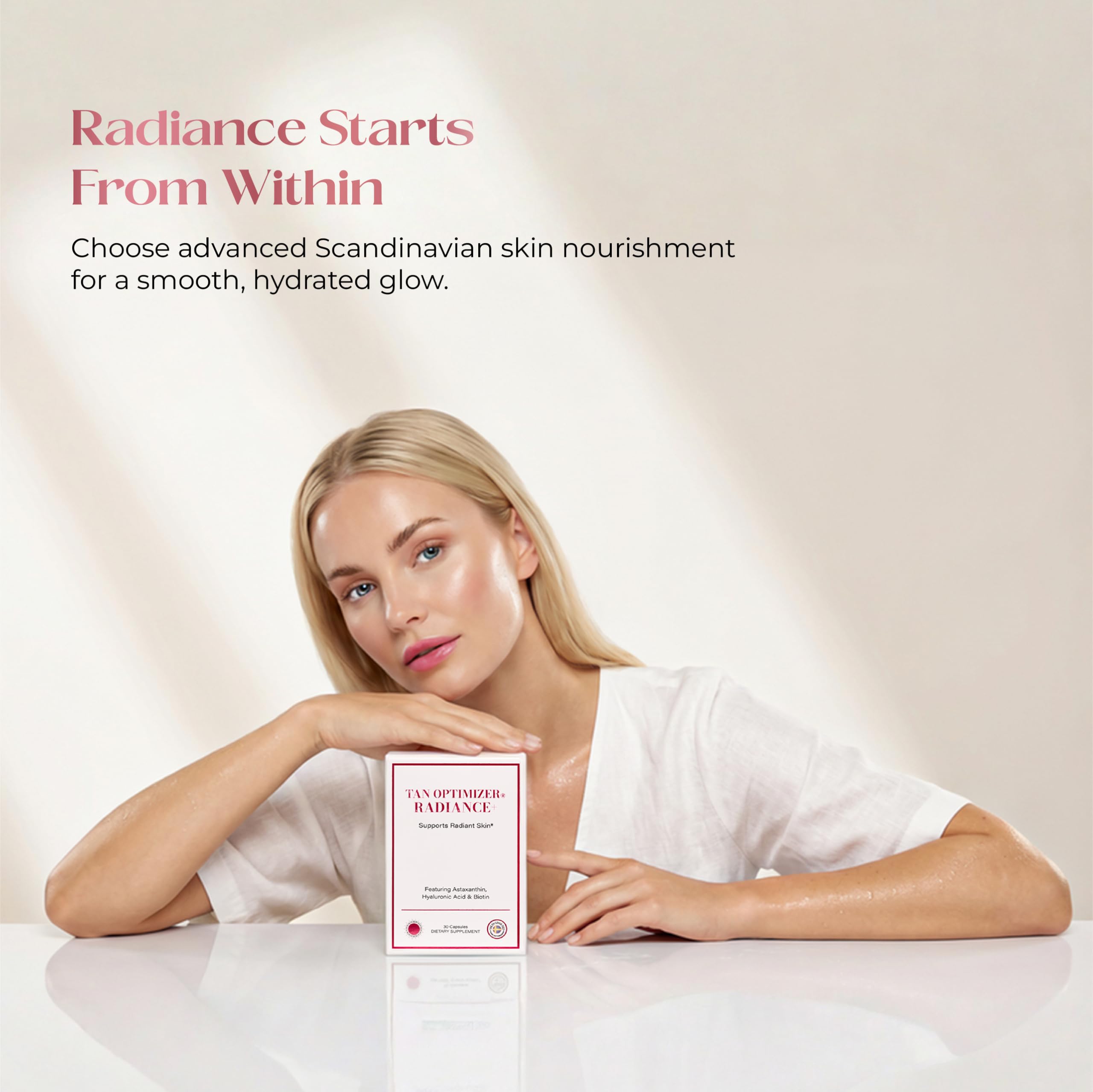 Tan Optimizer Radiance+ blister closeup highlights sugar-free beauty support.