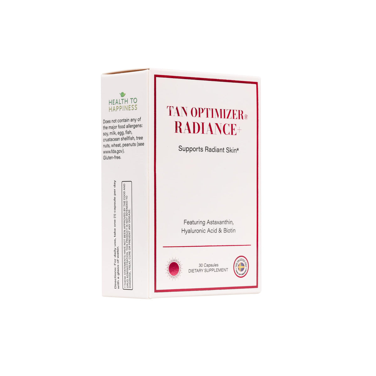 The Swedish Diet Tan Optimizer Radiance+ bottle view promotes a radiant complexion.