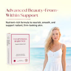 Tan Optimizer Radiance+ hyaluronic acid emphasis shows hydrating skin care benefits.