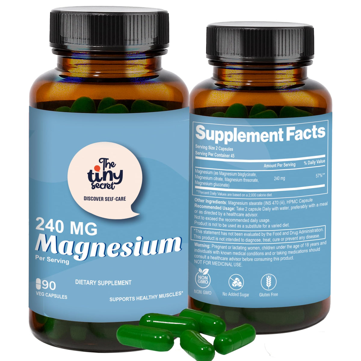 The Tiny Secret Magnesium 240mg bottle front view for daily muscle function.