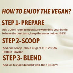 Packaging of THE VEGAN vanilla protein powder highlighting clean, plant-based formula