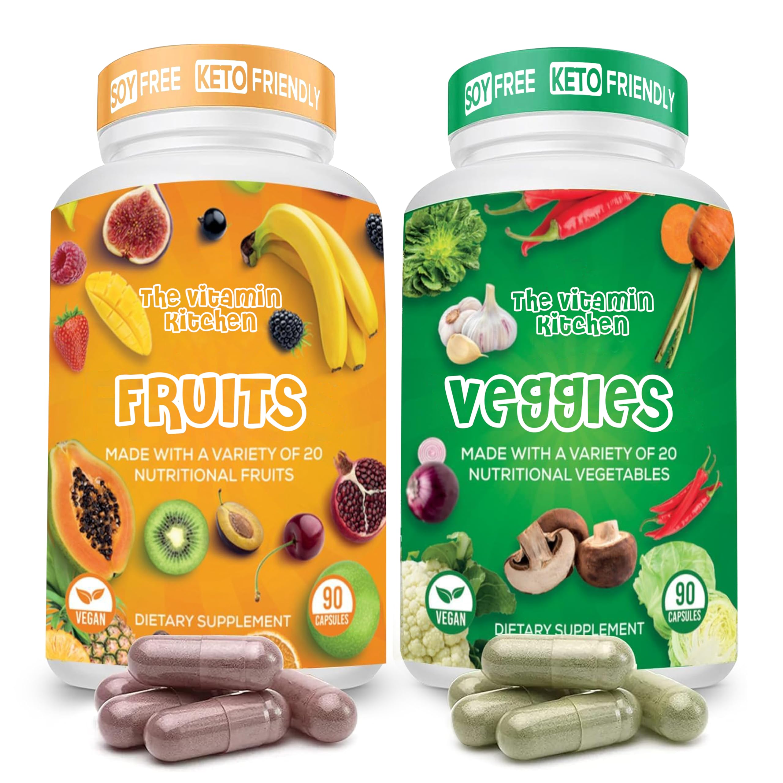 The Vitamin Kitchen fruit and veggie capsules bottle for daily energy support.