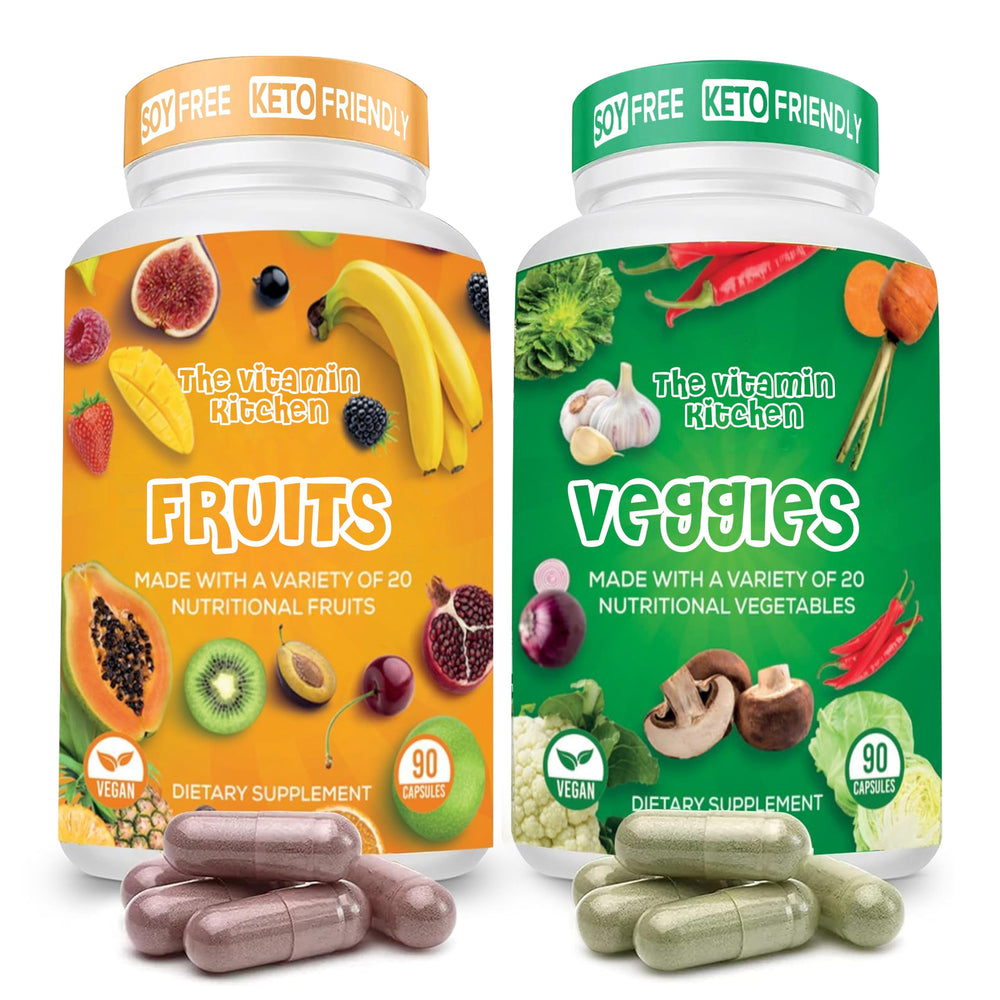 The Vitamin Kitchen fruit and veggie capsules bottle for daily energy support.