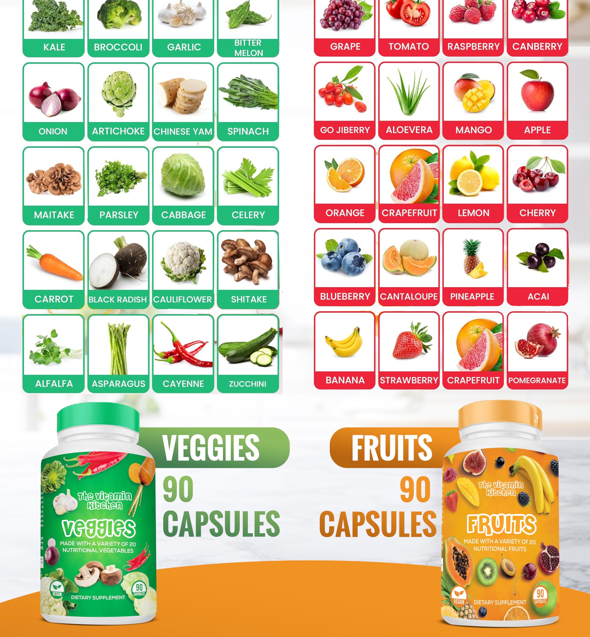 Assorted fruits and greens representing antioxidant-rich ingredients from The Vitamin Kitchen.
