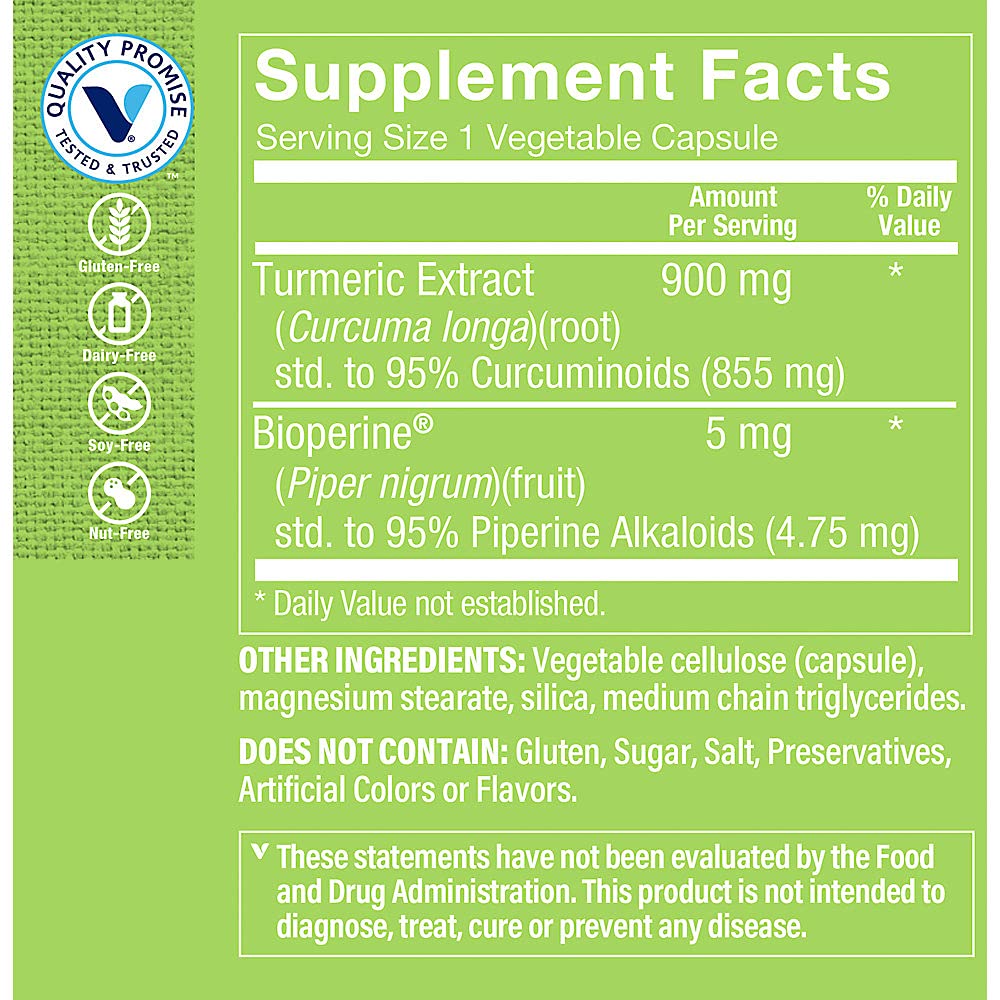 The Vitamin Shoppe Turmeric Curcumin 900mg capsules show standardized curcuminoids for potency.