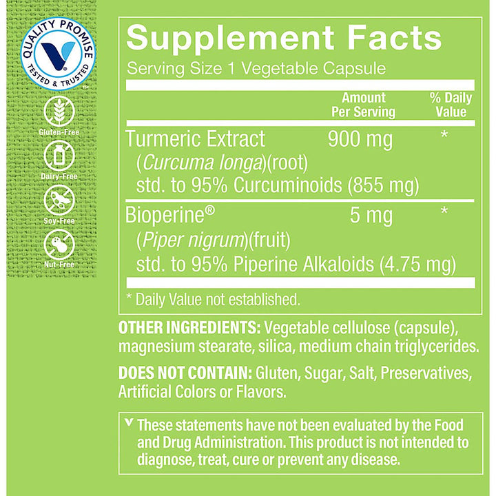 The Vitamin Shoppe Turmeric Curcumin 900mg capsules show standardized curcuminoids for potency.