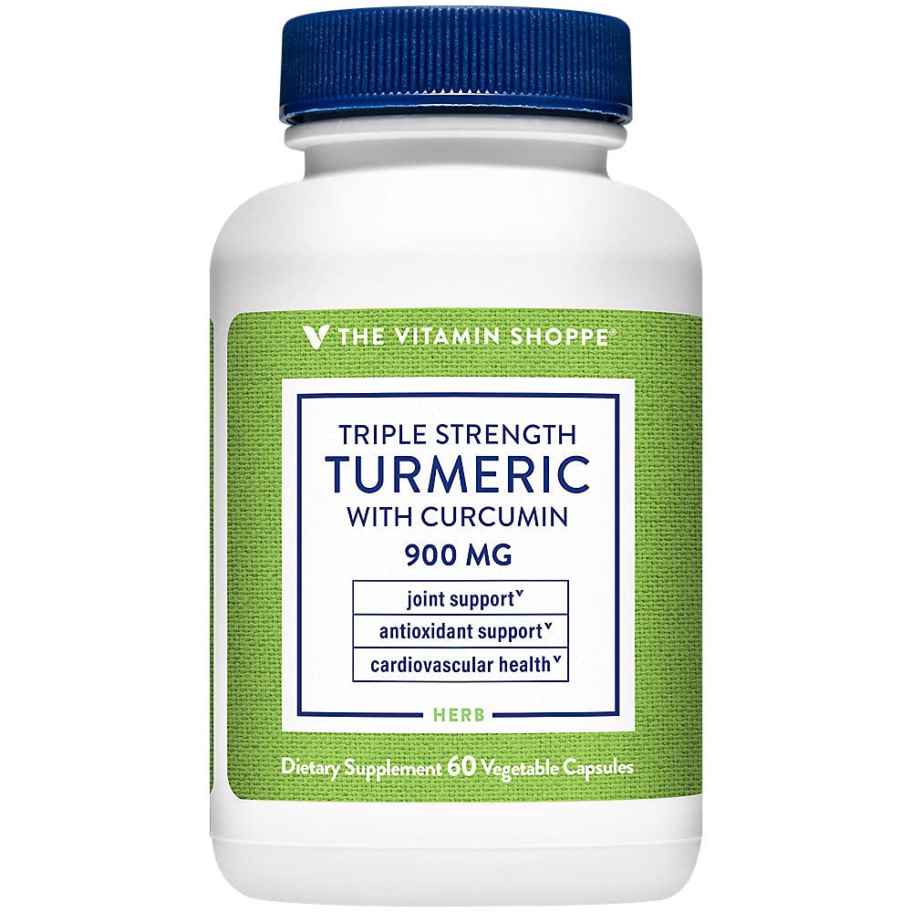 The Vitamin Shoppe Turmeric Curcumin 900mg bottle pour shows antioxidant support.