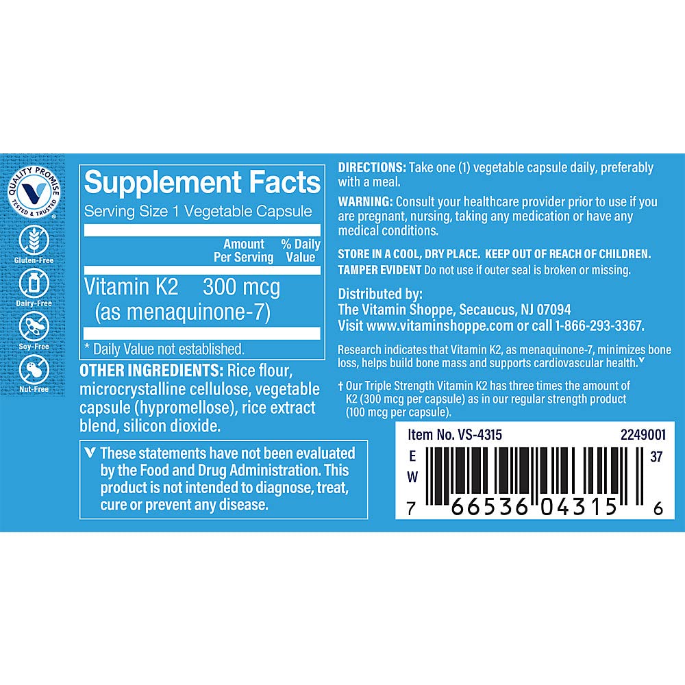 The Vitamin Shoppe Vitamin K2 MK-7 capsules show easy daily use for bone health.