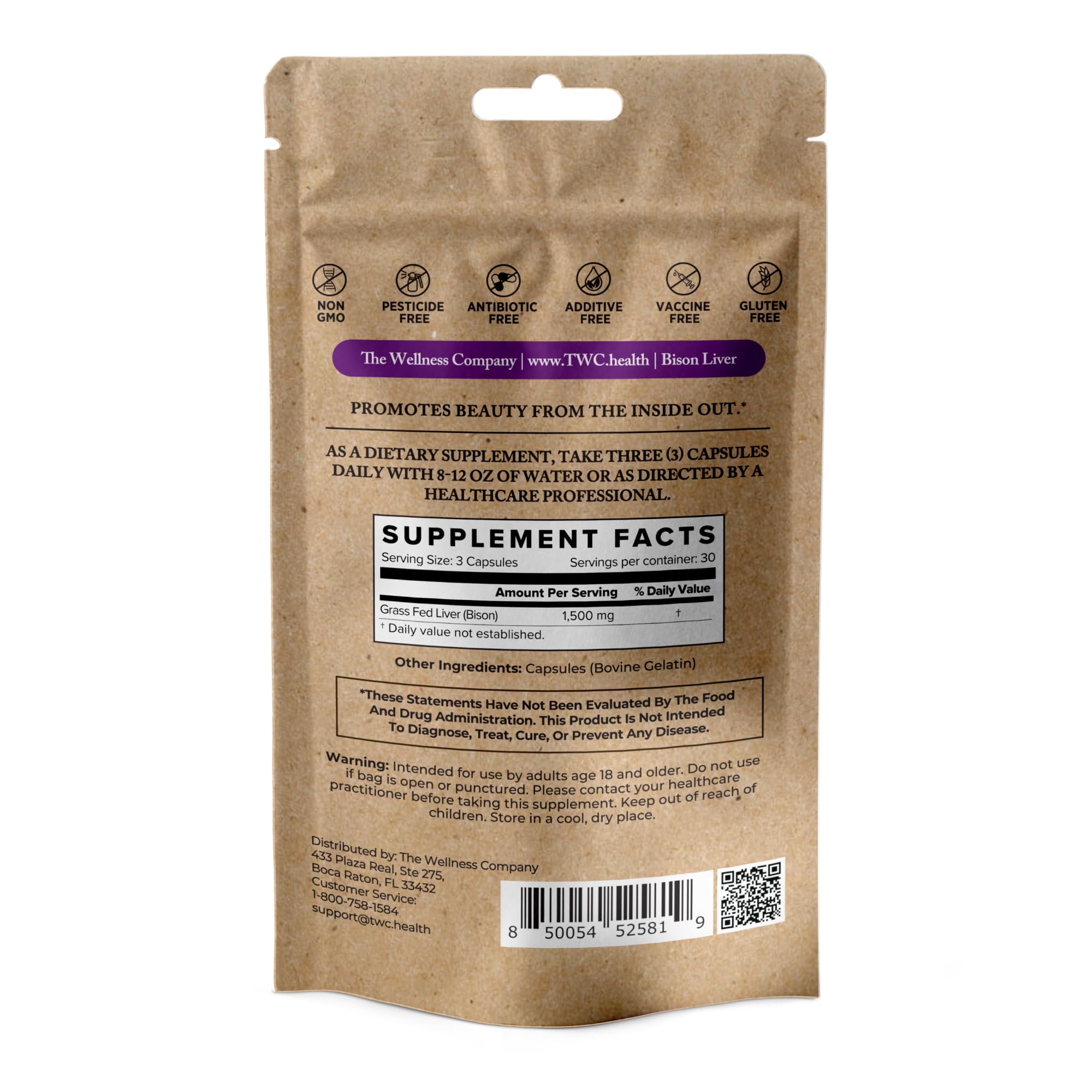 The Wellness Company bottle of Bison Liver capsules showing grass-fed nutrition