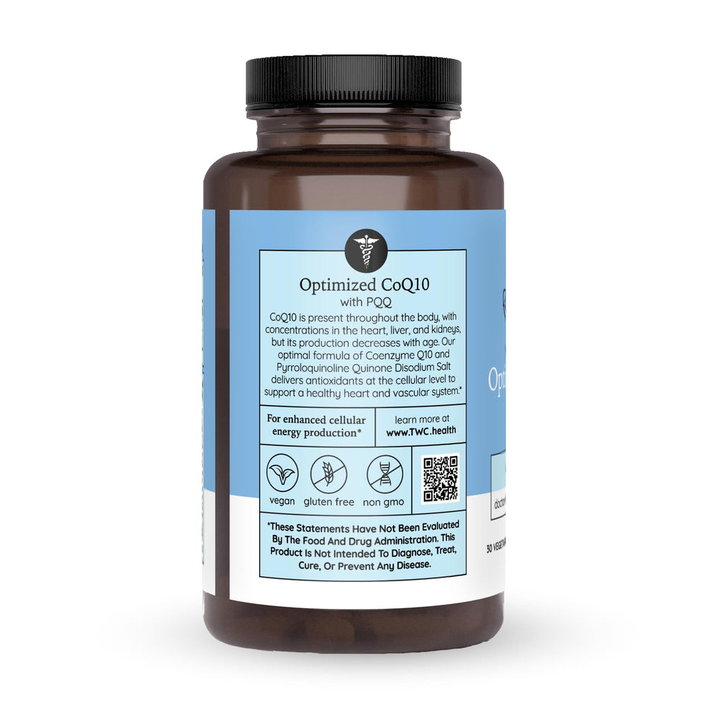 The Wellness Company CoQ10 + PQQ bottle label highlights mitochondrial support for daily activity.