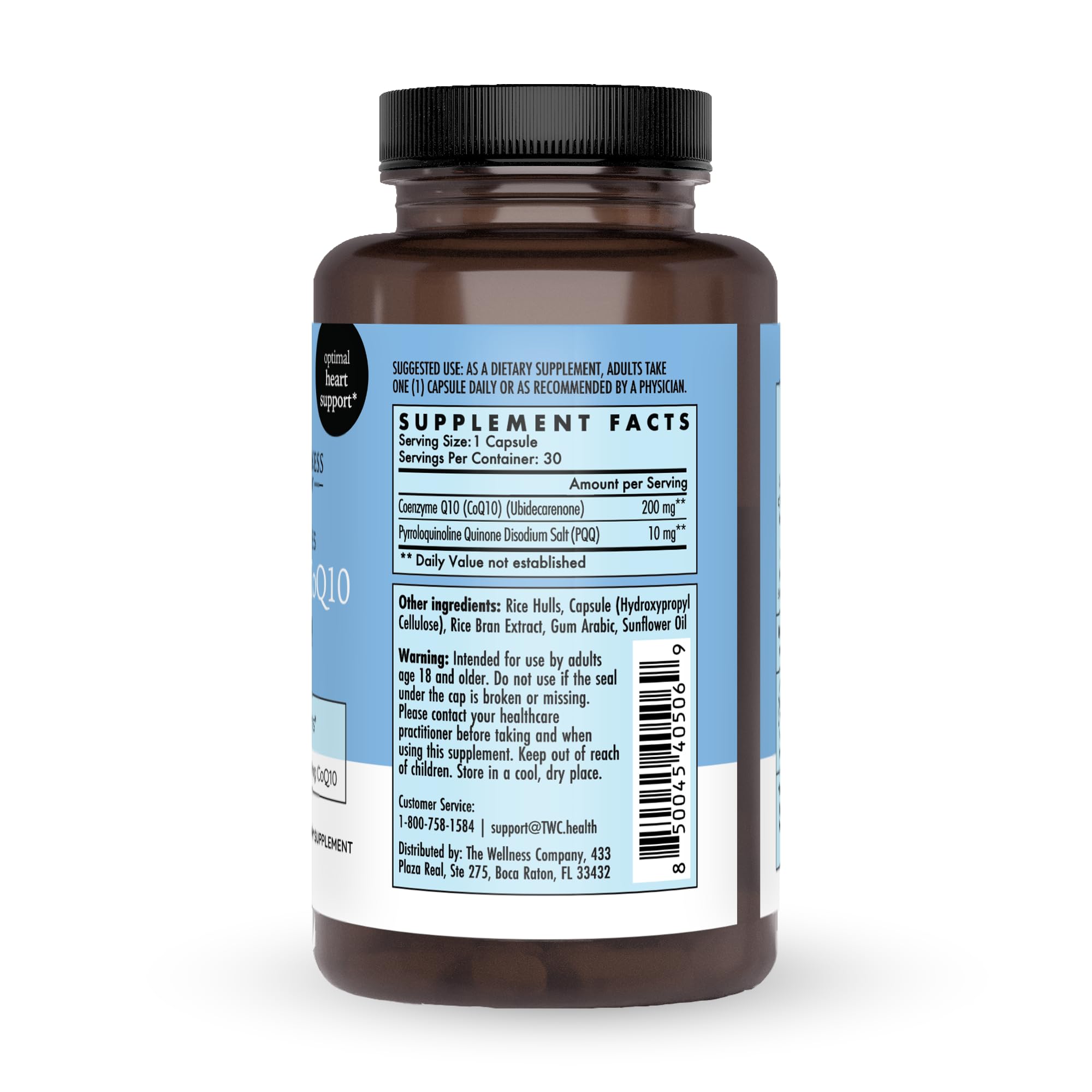 The Wellness Company Optimized CoQ10 + PQQ ingredient panel emphasizes antioxidants.