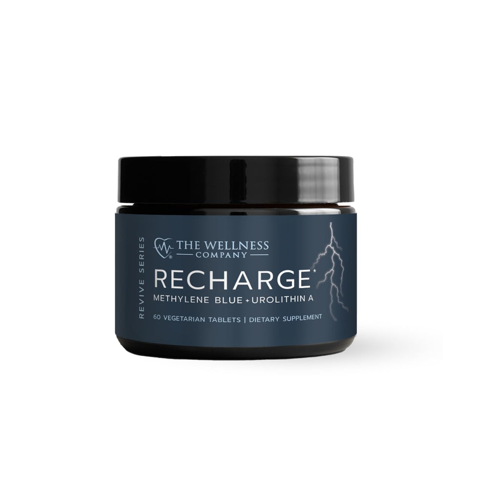 The Wellness Company Recharge bottle front view supports mental clarity and daily energy