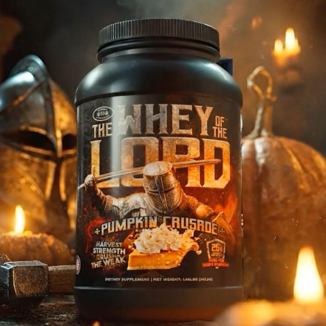The Whey of The Lord Crusade pumpkin flavor packaging signals indulgent taste with lean protein.