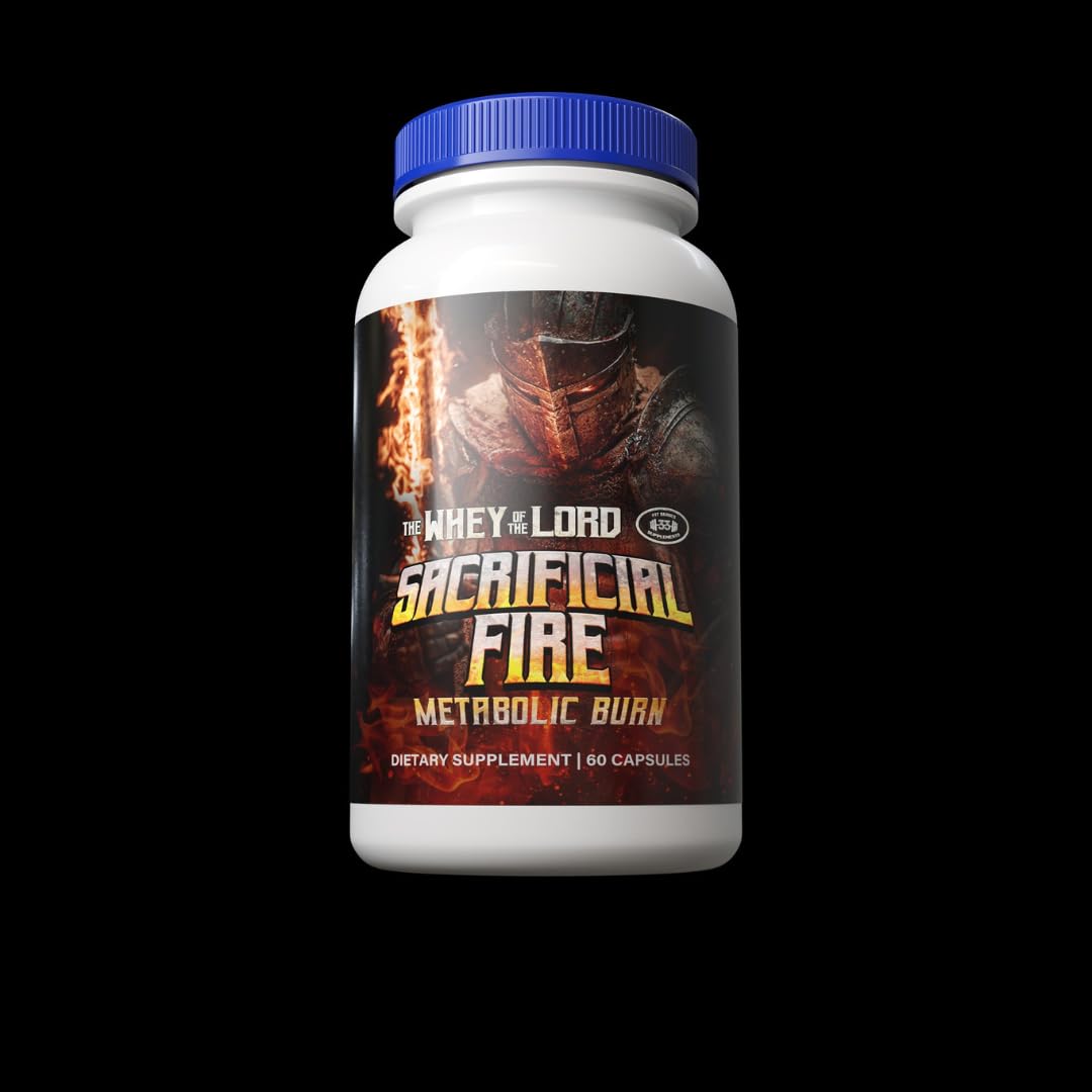The Whey of The Lord Sacrificial Fire capsules displayed for energy and focus during workouts.