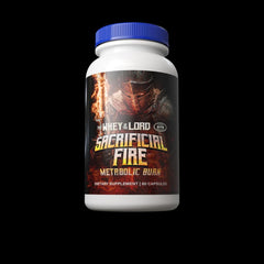 The Whey of The Lord Sacrificial Fire capsules displayed for energy and focus during workouts.