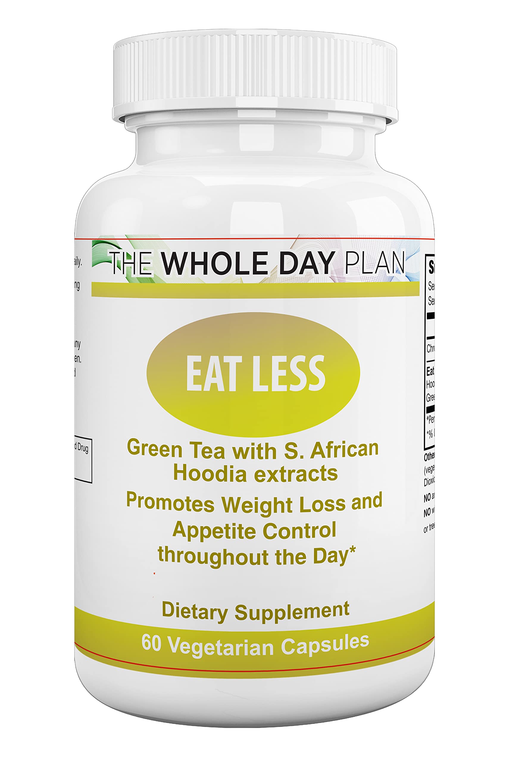 The WHOLE DAY Plan EAT LESS bottle being poured for convenient daily use