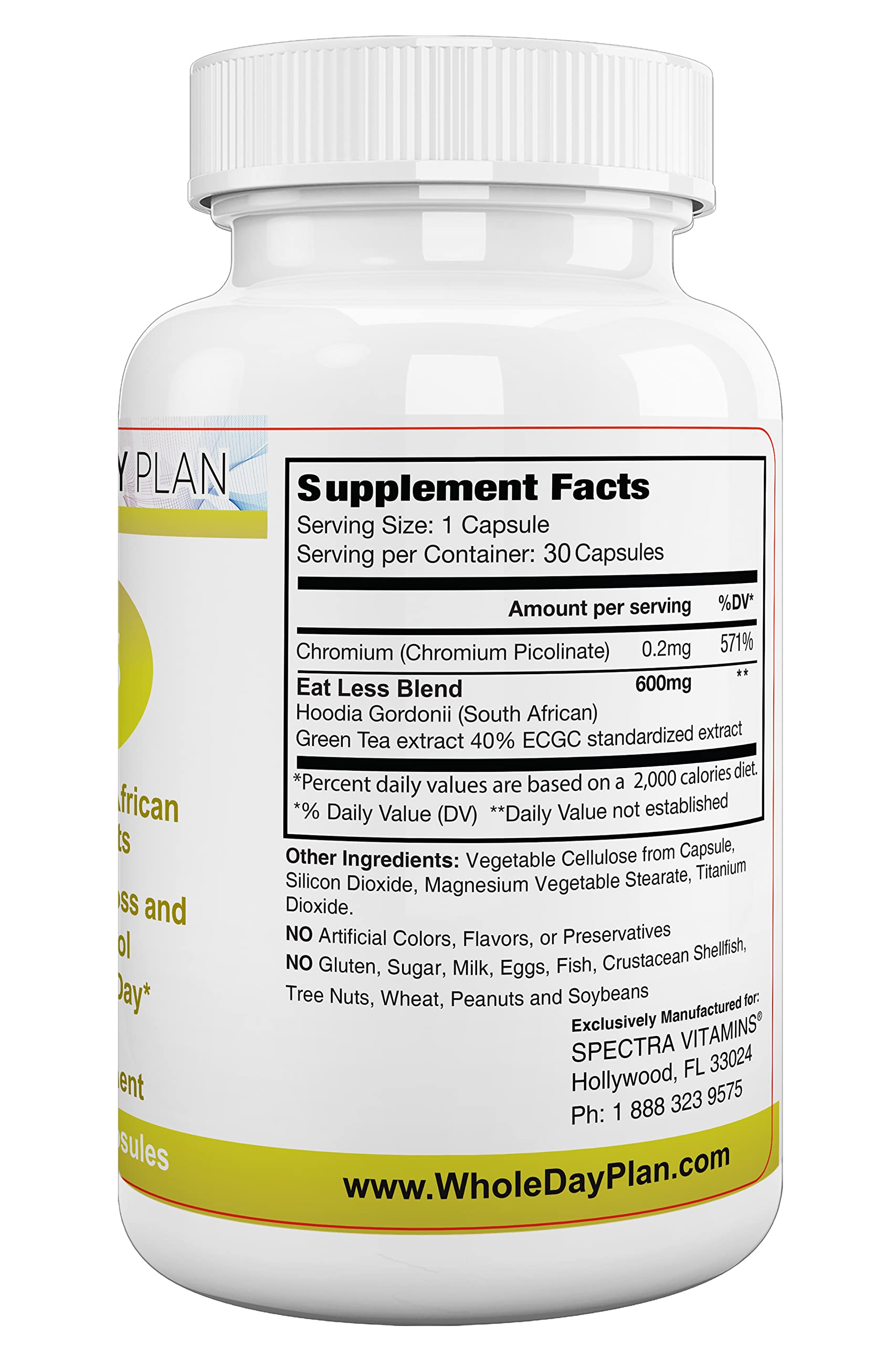 The WHOLE DAY Plan EAT LESS capsules showing vegetarian formula.