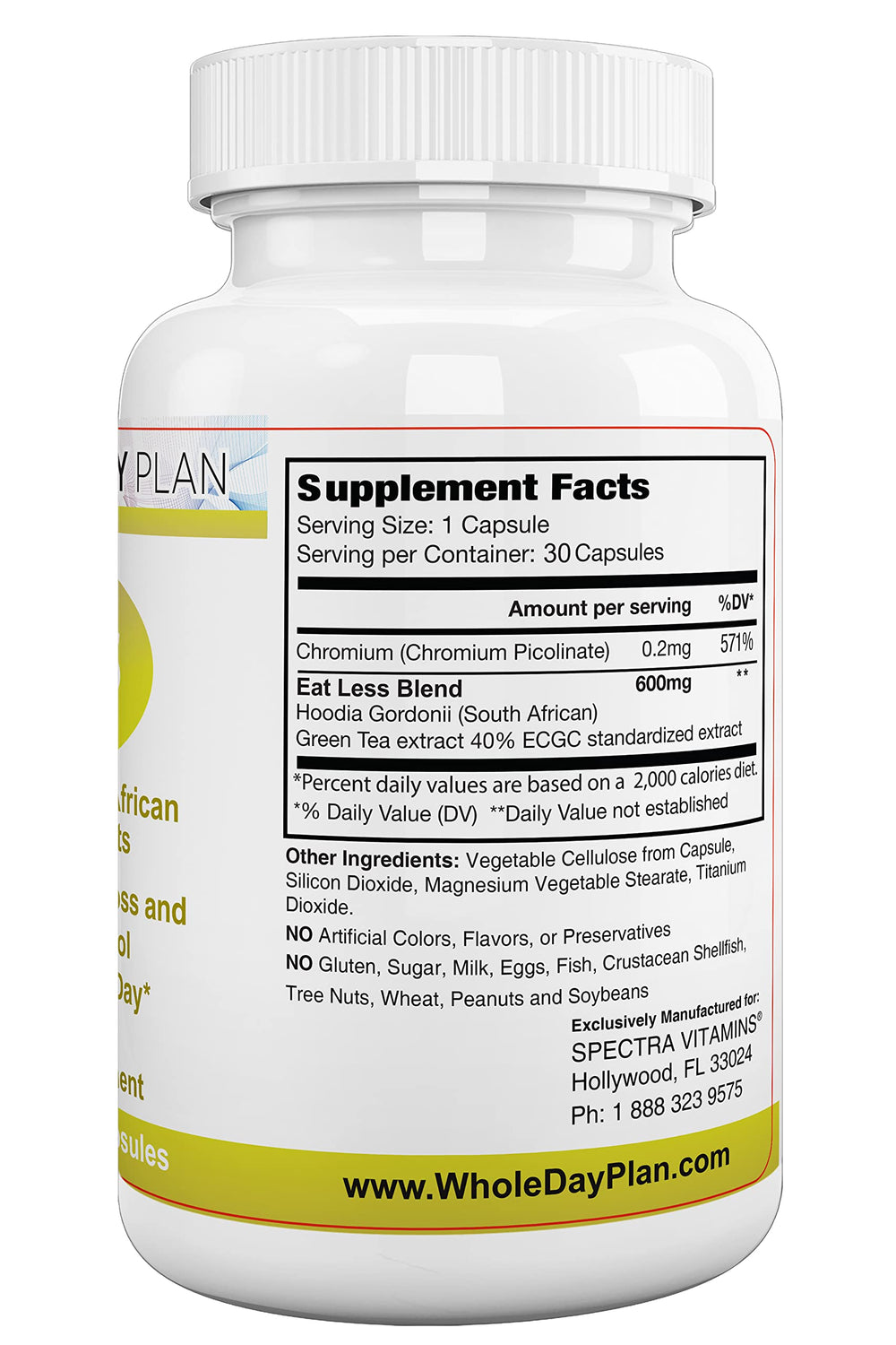 The WHOLE DAY Plan EAT LESS capsules showing vegetarian formula.