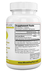 The WHOLE DAY Plan EAT LESS capsules showing vegetarian formula.