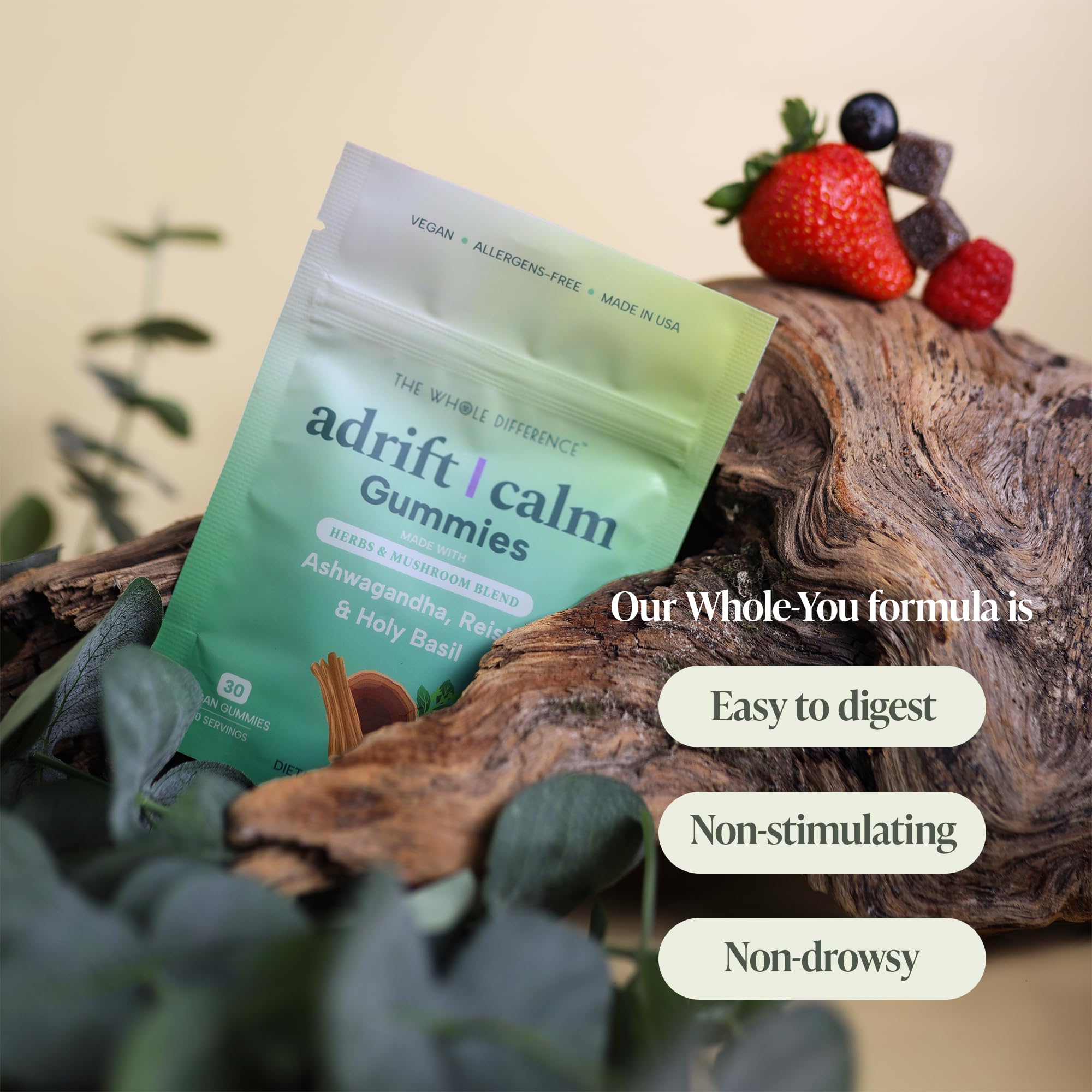 The Whole Difference Adrift Calm Gummies on-the-go use during busy days with berry flavor.