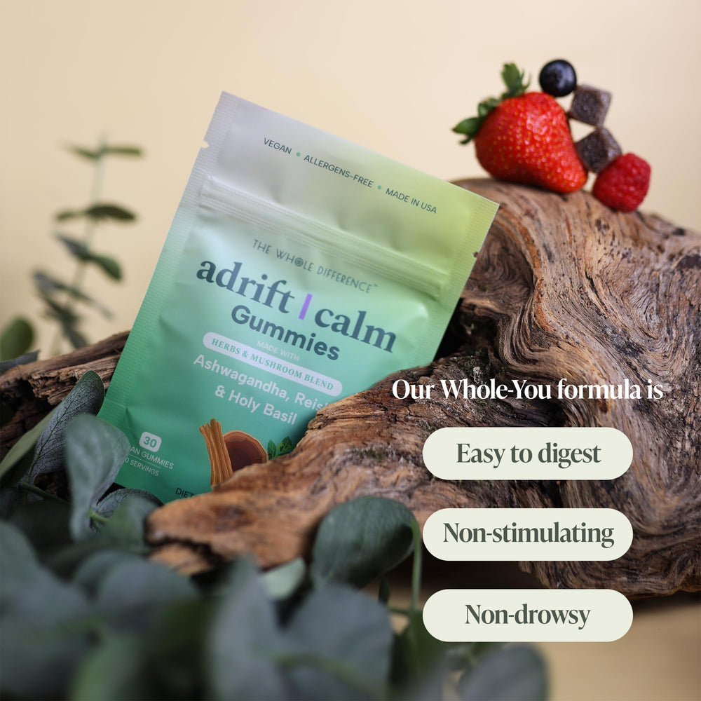The Whole Difference Adrift Calm Gummies on-the-go use during busy days with berry flavor.