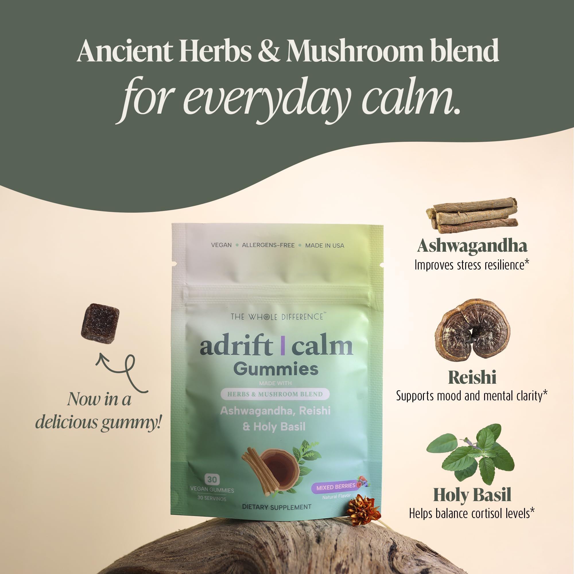 The Whole Difference Adrift Calm Gummies bottle shot for on-the-go support.