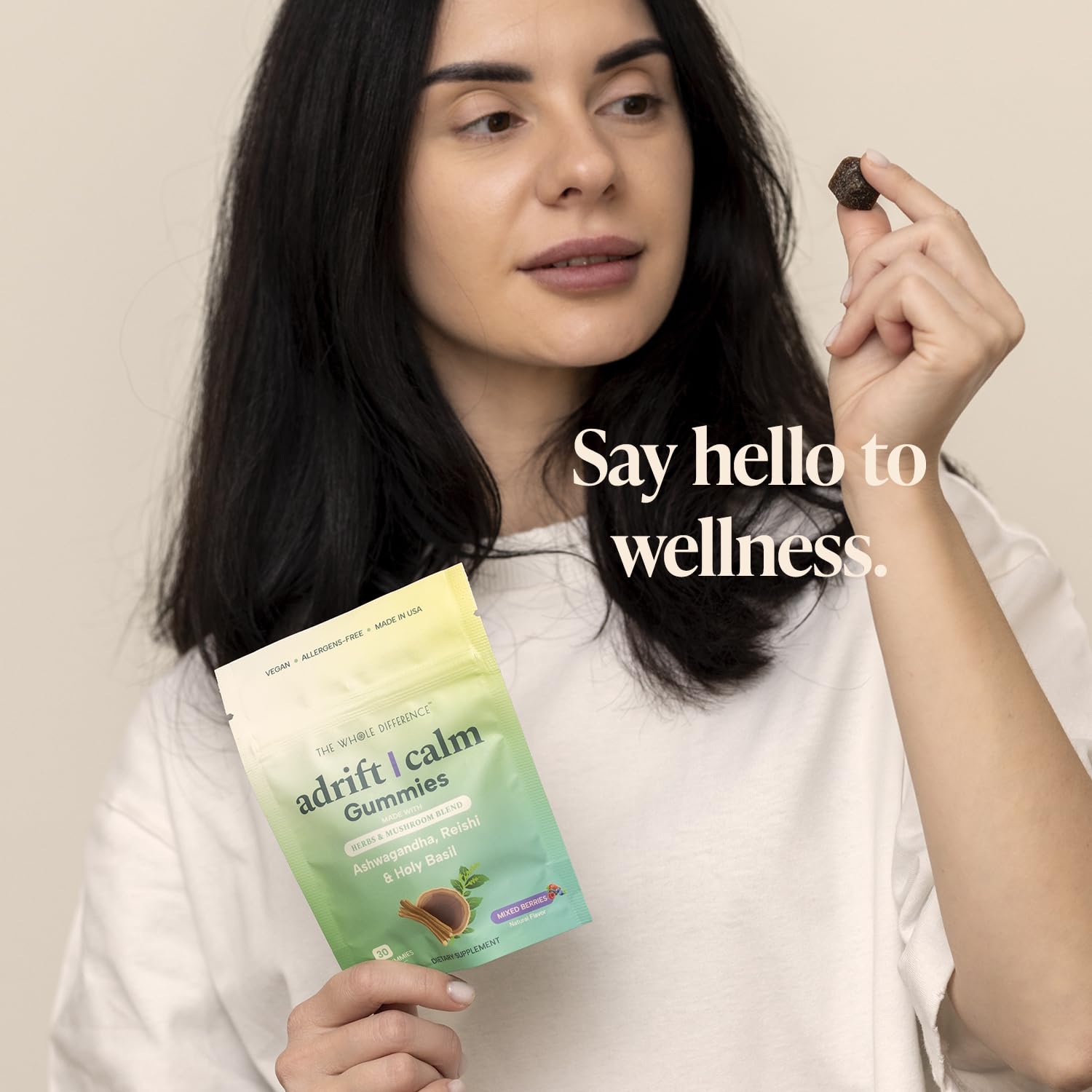 The Whole Difference Adrift Calm Gummies ingredients show ashwagandha, reishi, holy basil synergy.