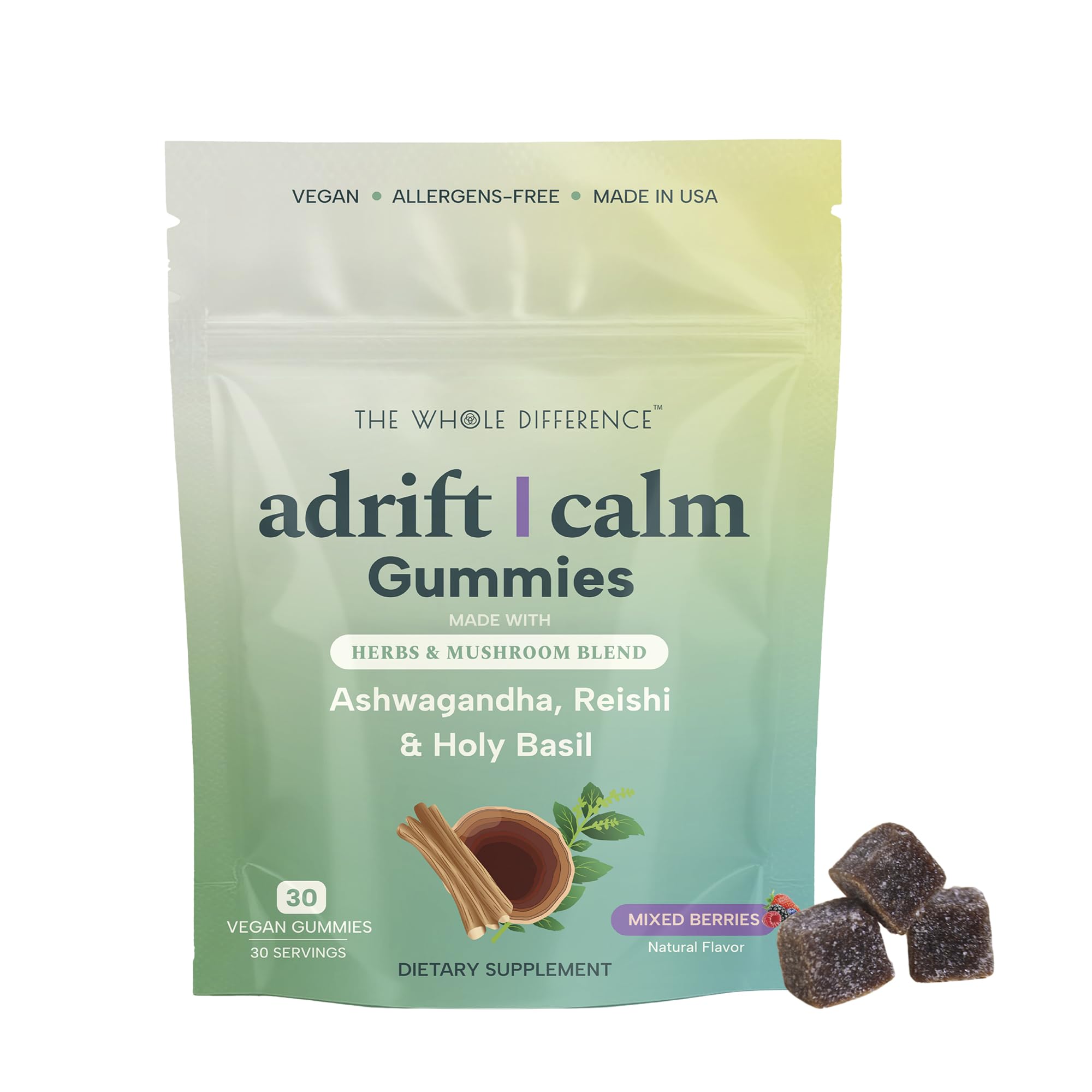 The Whole Difference Adrift Calm Gummies in a jar support daily calm and focus.