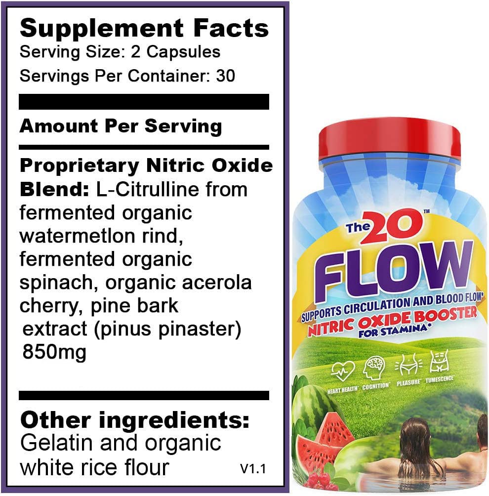 The20 Flow ingredients featuring organic watermelon, spinach, and acerola cherries.