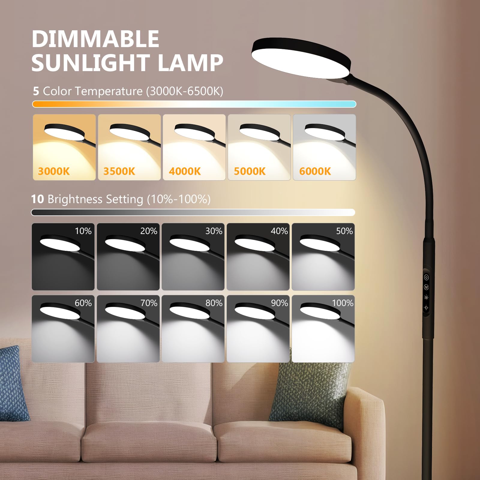 TheDeco lamp demonstrating five color temperatures to match mood.