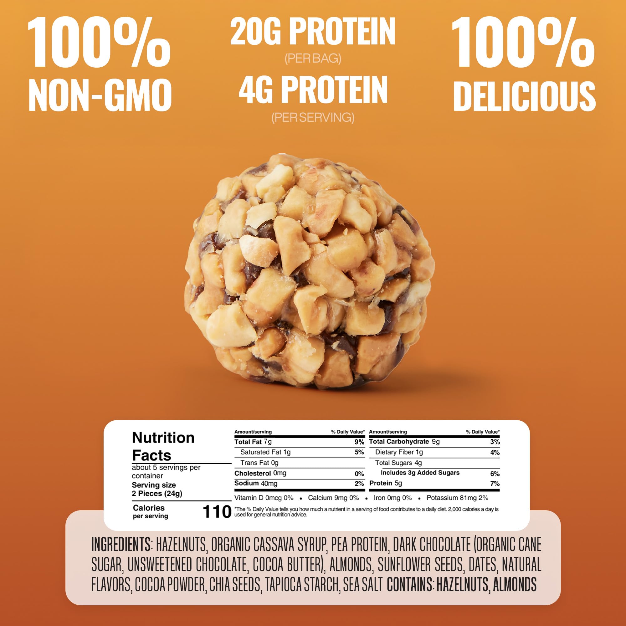 The GFB dark chocolate hazelnut bites close-up showing premium ingredients and texture