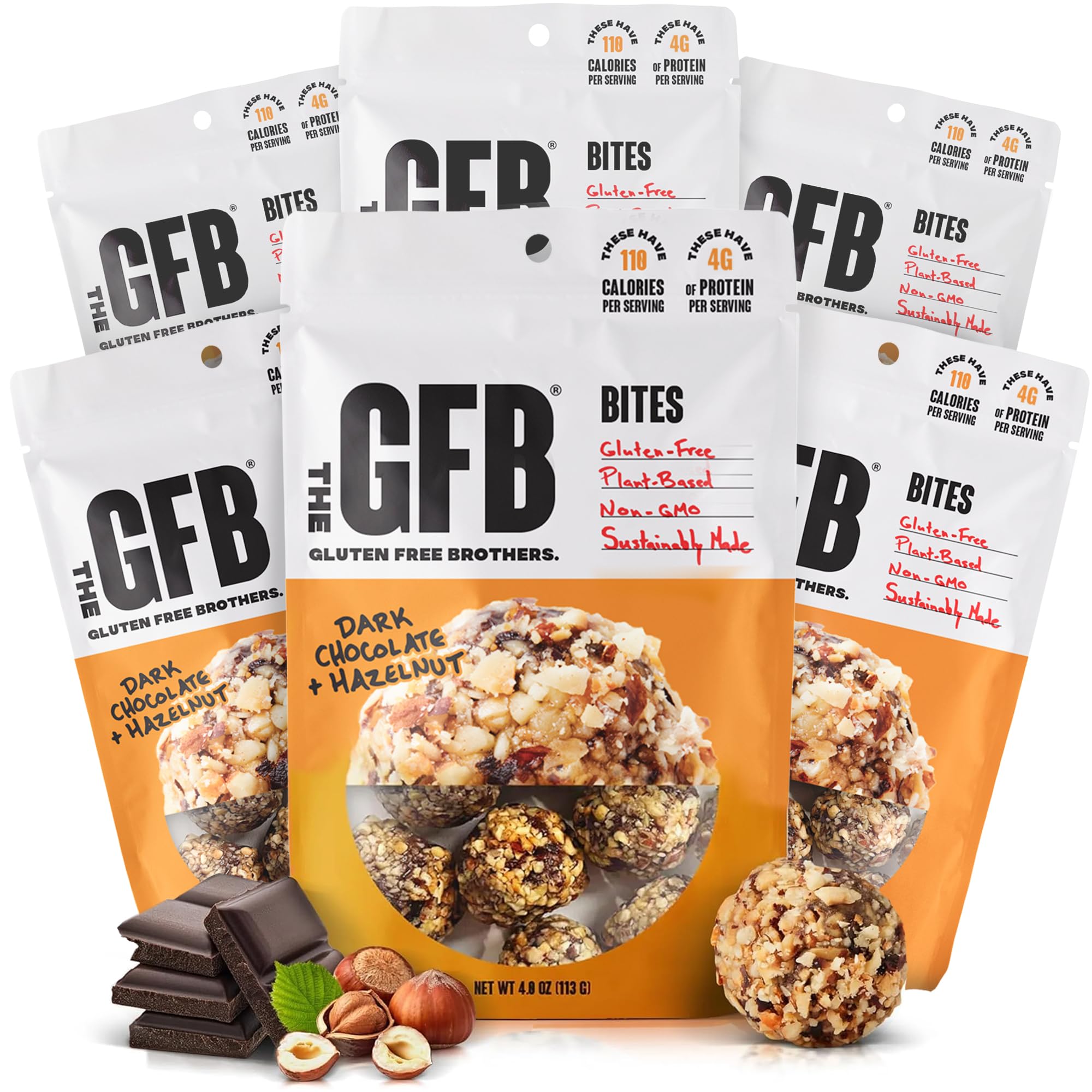 The GFB dark chocolate hazelnut bites in a resealable pack for on-the-go snacking