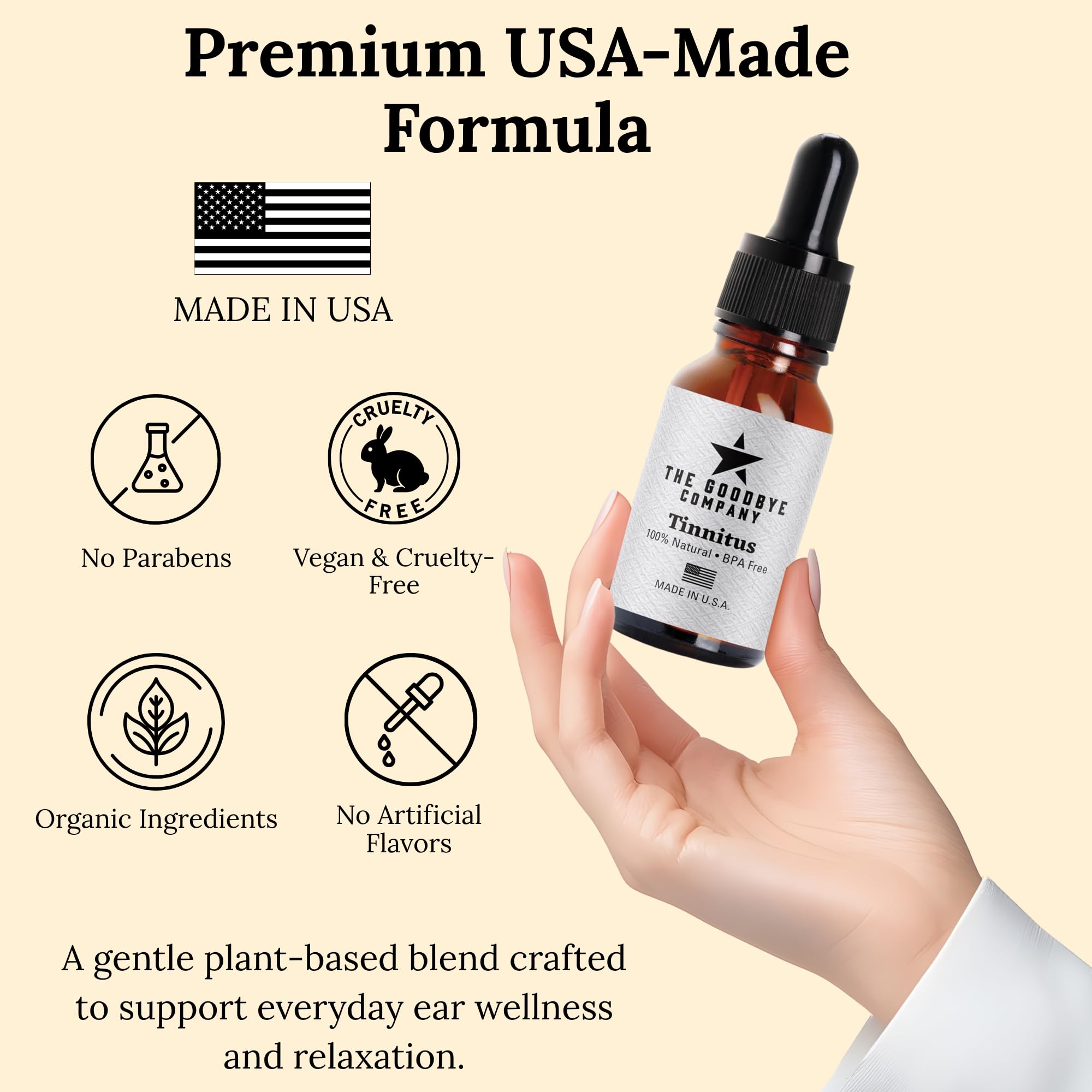 The Goodbye Company tinnitus-relief bottle label close-up, pine lignin blend highlight