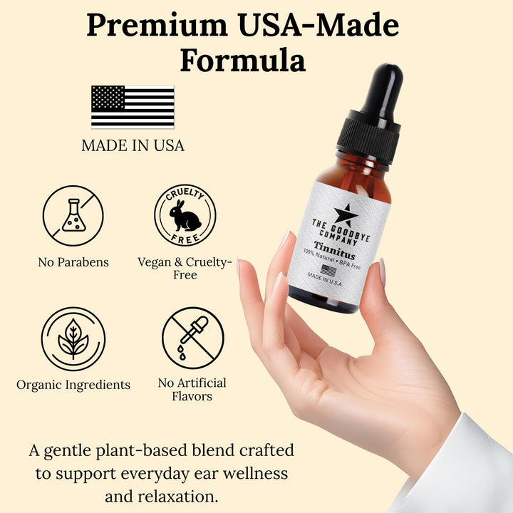 The Goodbye Company tinnitus-relief bottle label close-up, pine lignin blend highlight