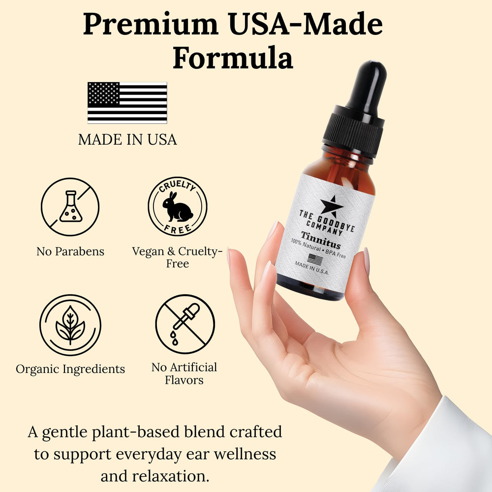 The Goodbye Company tinnitus-relief bottle label close-up, pine lignin blend highlight