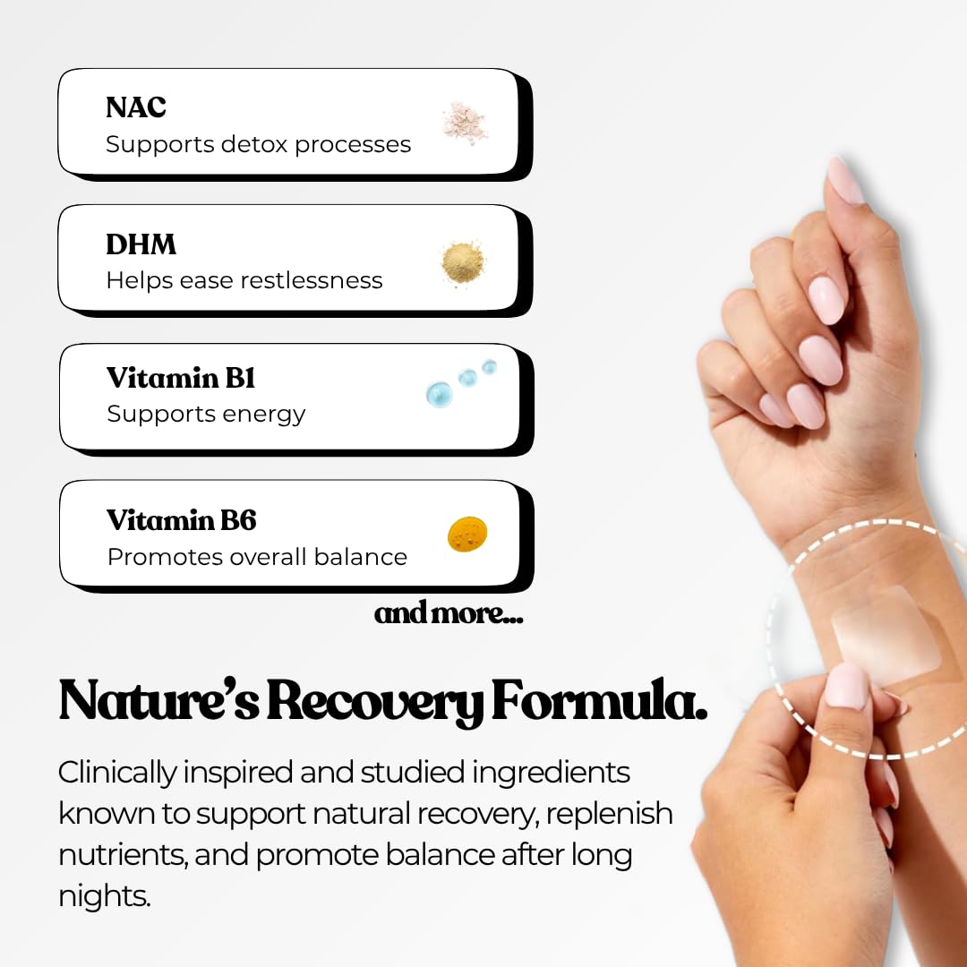 The Patch Collection Night Out Patch closeup shows turmeric and NAC ingredients for antioxidant support.