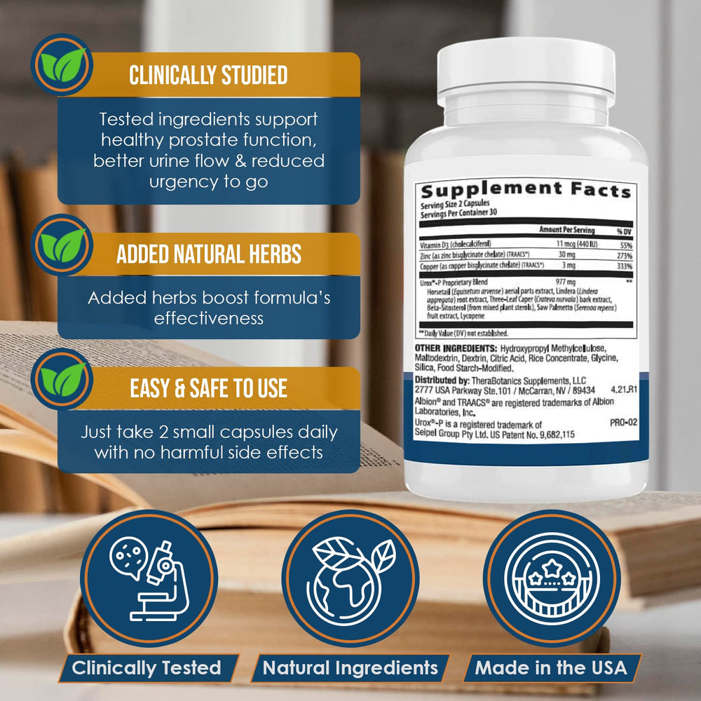 Therabotanics Ideal Prostate Plus bottle side view highlighting clinically studied blend for prostate and bladder support