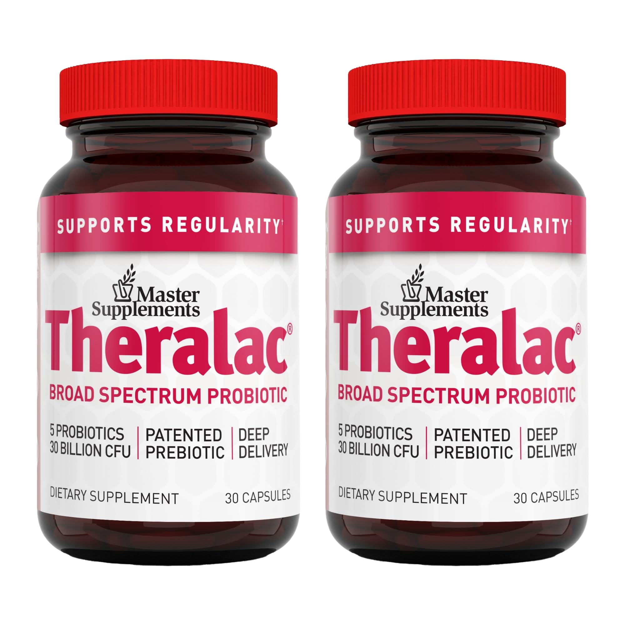 Theralac bottle front shows multi-strain probiotic packaging for gut balance.
