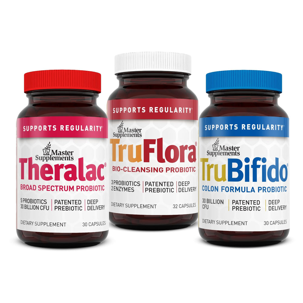 THERALAC Master 30-Day Gut Reset bottle shows the probiotic trio for gut health support