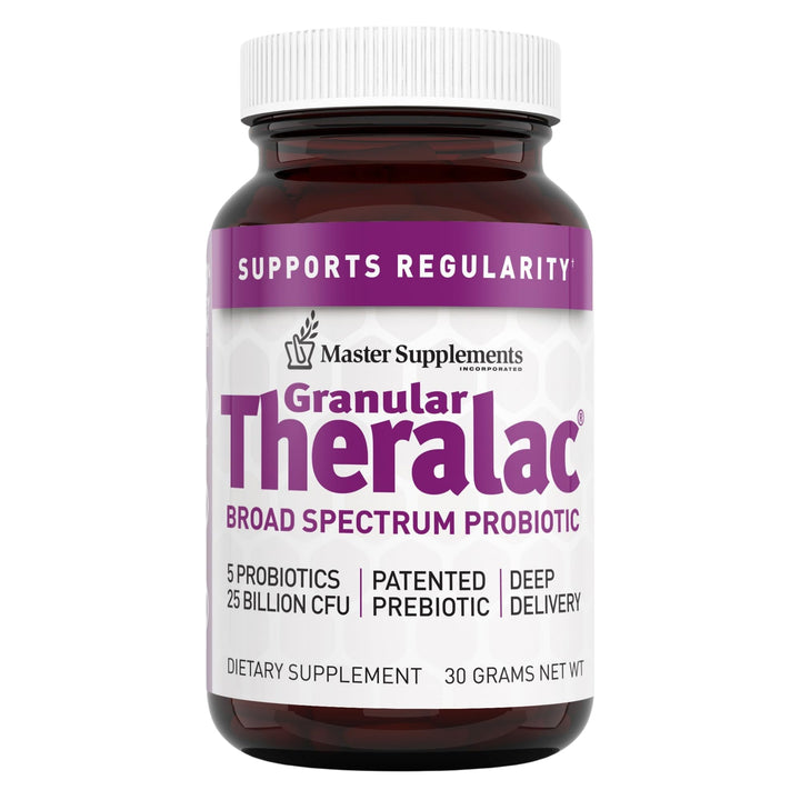 THERALAC granular bottle for on-the-go probiotic support and easy dosing.