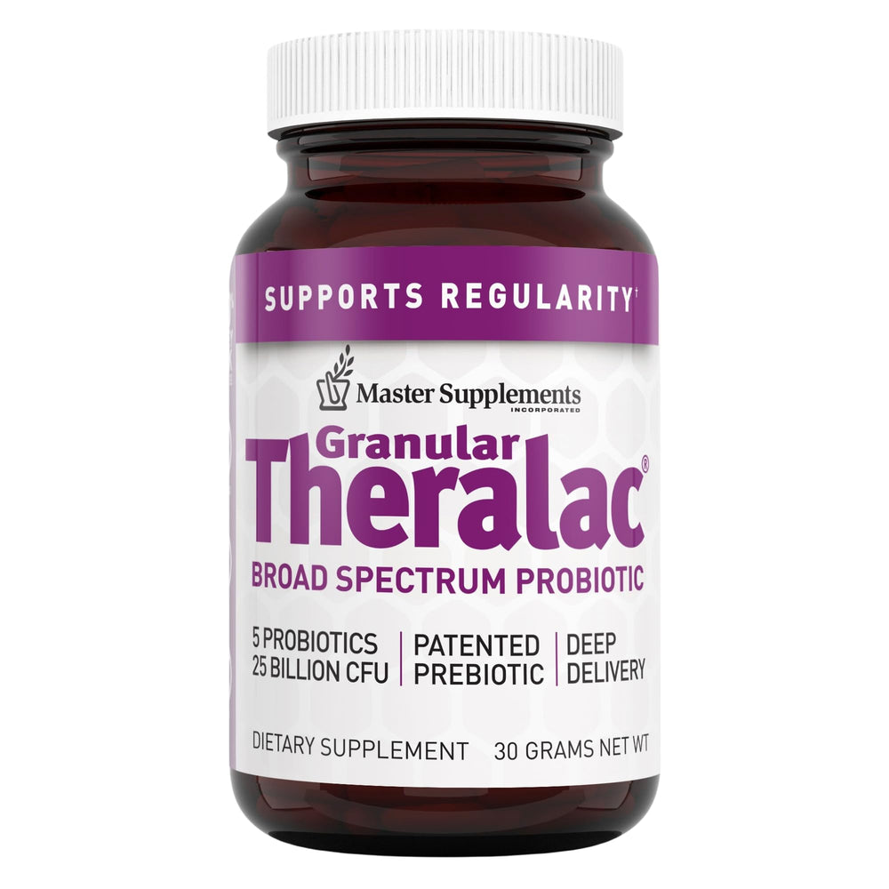 THERALAC granular bottle for on-the-go probiotic support and easy dosing.